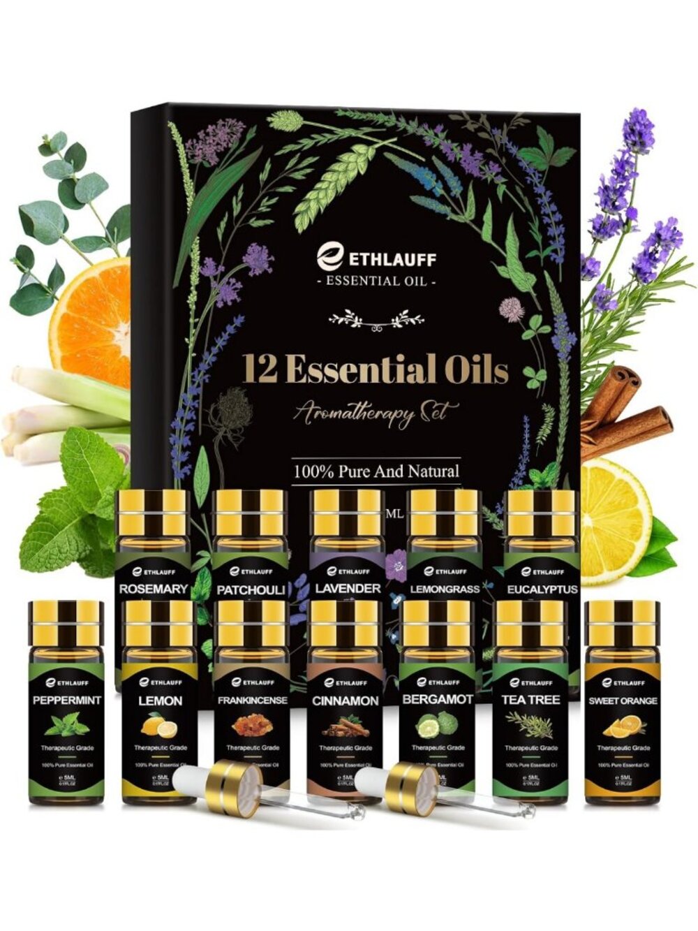 12-Piece Pure Essential Oils Set for Diffusers, Skin Care, Massage & DIY Crafts